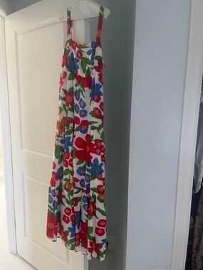 Skies Are Blue White Dress with Red, Blue, Green & Orange Floral Print